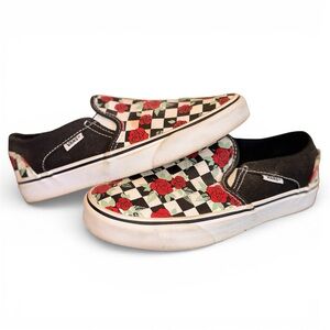 Vans Black and White Checkerboard Slip-Ons with Red Floral